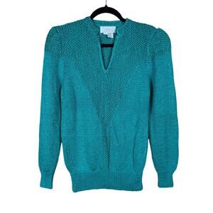 Vintage 1980's Nannell Teal Knit V-neck Puff Sleeve Knit Sweater Top Size Small